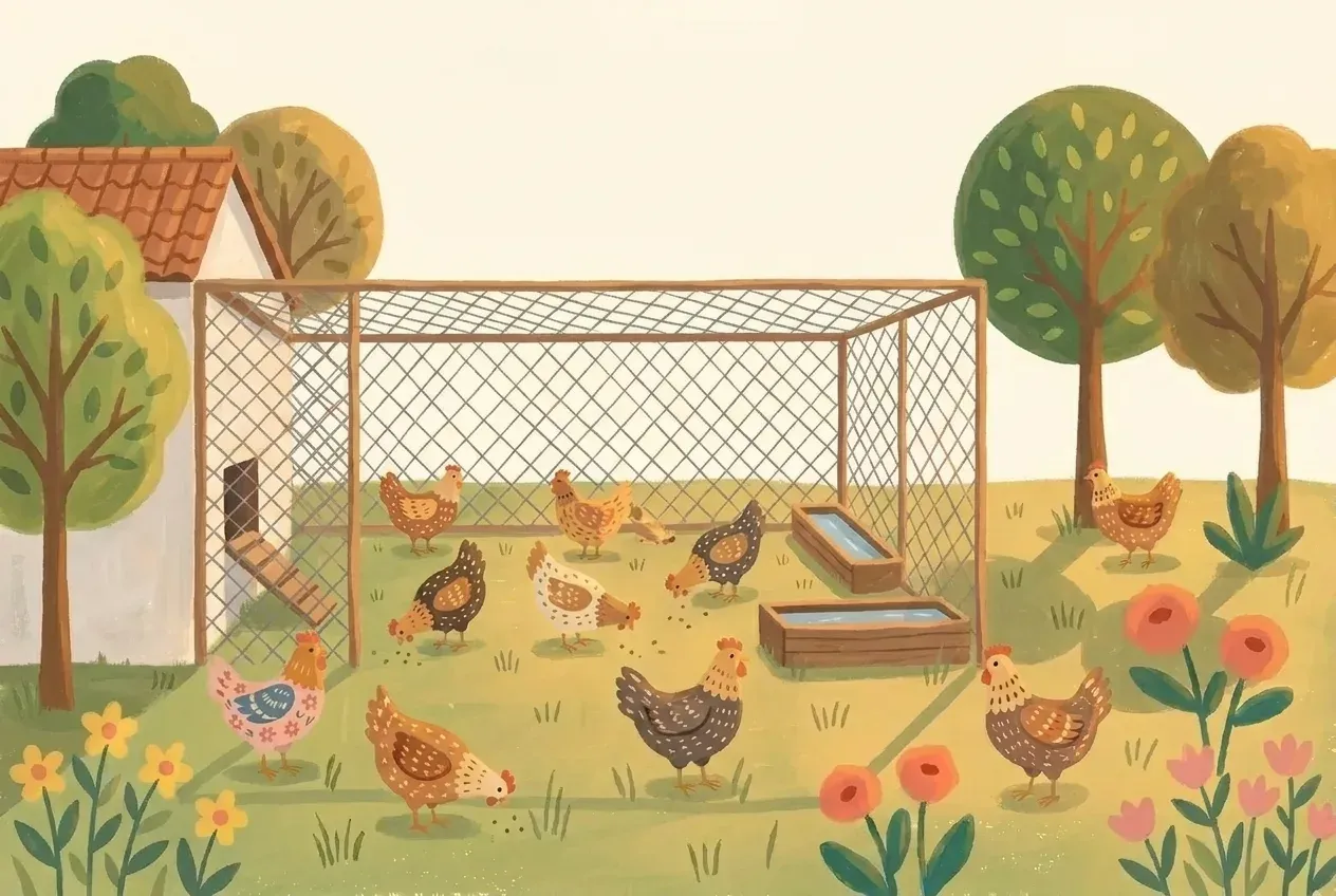 White-walled chicken coop with terracotta roof tiles, wooden run with wire mesh 